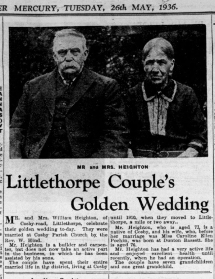 George and Carloline Heightons Golden Wedding - Leicester Mercury 26th May 1936
